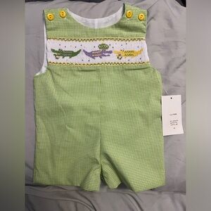Mardi Gras Green Gingham Baby Romper with Alligator Embroidery